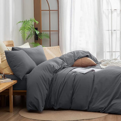 BESTOUCH Duvet Cover Set 100% Washed Cotton Linen Feel Super Soft Comfortable Chic Lightweight 3 PCs Home Bedding Set Solid Quiet Shade Grey Super Queen