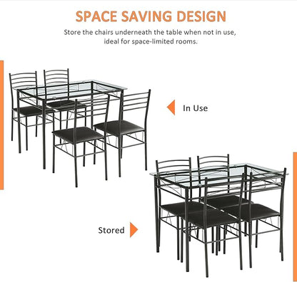 VECELO Kitchen Dining Table and Chairs Set for 4, Padded Seat & Glasses Tabletop, Space Saving, Matte Black