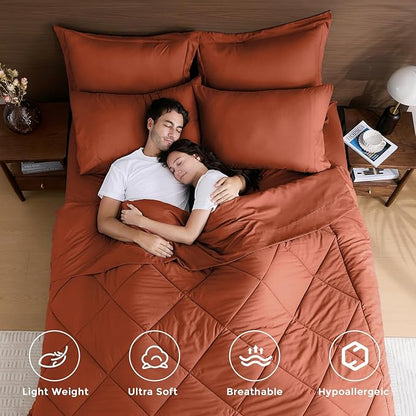 HEVUMYI Burnt Orange Full Comforter Set - 7-Piece All Season Bed in a Bag Full, Ultra Soft Bedding Set with Comforter, Flat Sheet, Fitted Sheet, Pillowcases, Pillow Shams