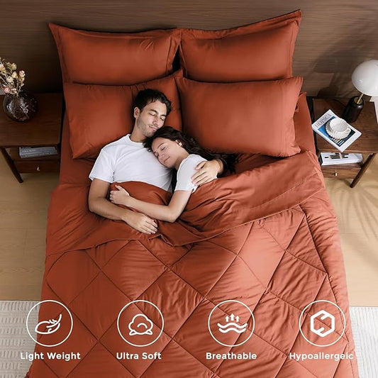 HEVUMYI Burnt Orange Full Comforter Set - 7-Piece All Season Bed in a Bag Full, Ultra Soft Bedding Set with Comforter, Flat Sheet, Fitted Sheet, Pillowcases, Pillow Shams
