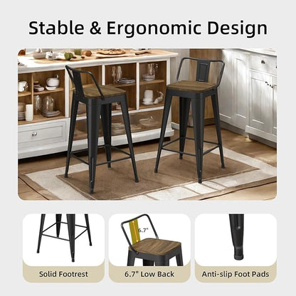 Black Bar Stools Set of 4, Metal Bar Stools with Wooden Seat, Modern 30”Counter Height Barstools with Low Back