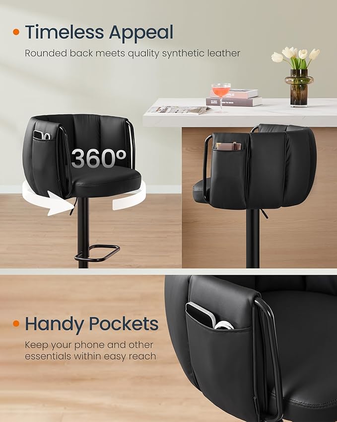 SONGMICS Home 360° Swivel Bar Stools Set of 2, Height Adjustable Barstools with Curved Back, Upholstered Counter Bar Stools with Footrest, Large Base, for Kitchen Island, Modern, Ink Black ULJB103B01