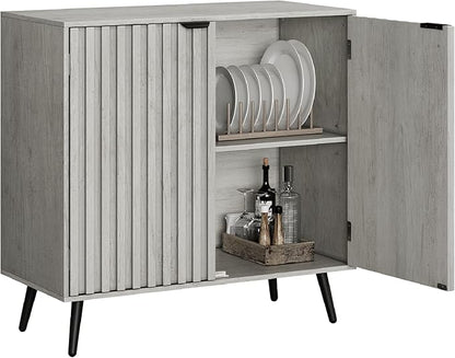 Smuxee Freestanding Fluted Sideboard, Grey Wash Buffet with Wood Storage, Adjustable Shelf for Living Room, Entryway, Hallway