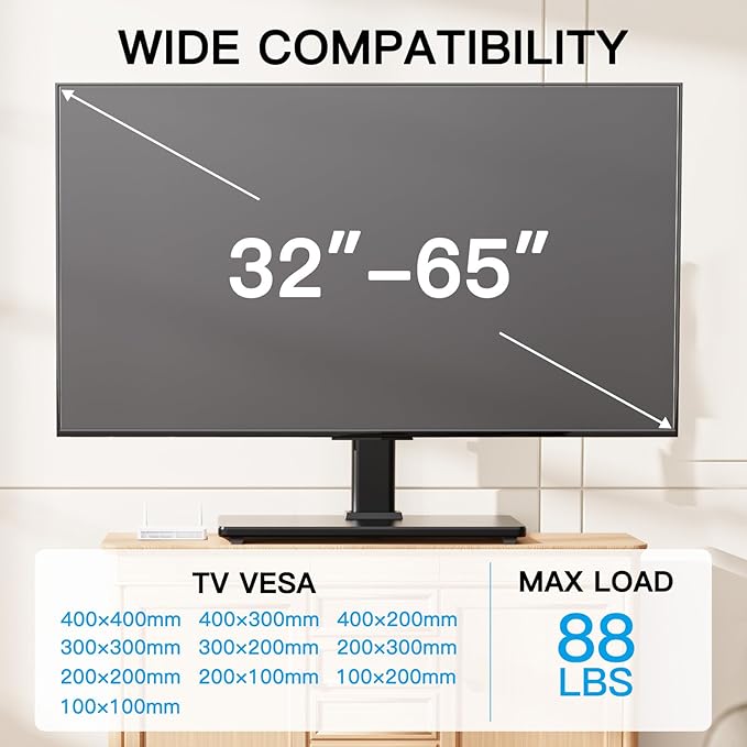 PERLESMITH Universal Swivel TV Stand-Table Top TV Stand for 32-65 inch TV-Height Adjustable TV Base with Heavy-Duty Tempered Glass Base, VESA 400x400mm up to 88lbs, PSTVS17