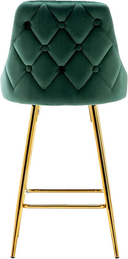 BTEXPERT Set of 2 Pack, upholstered Dining Bar Chairs Footrest High Back Counter Height Barstools Stool, Tufted Green Velvet Gold Frame 25" Modern Kitchen Island