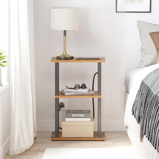 TUTOTAK Small Narrow Side Table with Charging Station, Skinny End Table for Small Spaces, Slim Nightstand with USB Ports and Outlet, Sofa Beside Table with Wheels, Brown TB01BB046