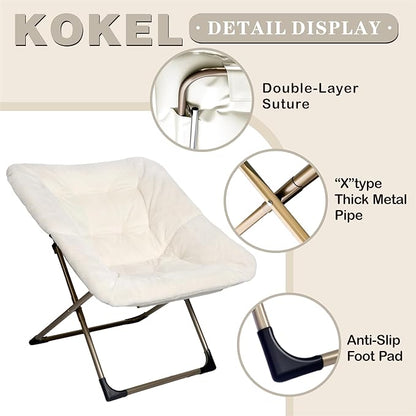 Kokel Plush Folding Chair and Ottoman Padded Metal Frame Living Room Chair (White-TM3)