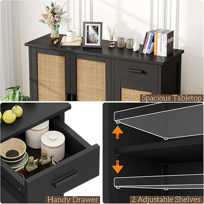 Irontar Kitchen Storage Cabinet, Sideboard Buffet Cabinet with Rattan Doors, Farmhouse Console Table with Drawer, Coffee Bar, Accent Table for Kitchen, Living Room, Hallway, Black and Natural CWG010BM