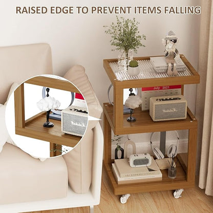 3-Tier Side Table - Walnut Geometric Design with Glass Top & Wheels, Sofa & Bedside Table for Small Spaces, Living Room & Bedroom Modern Minimalist