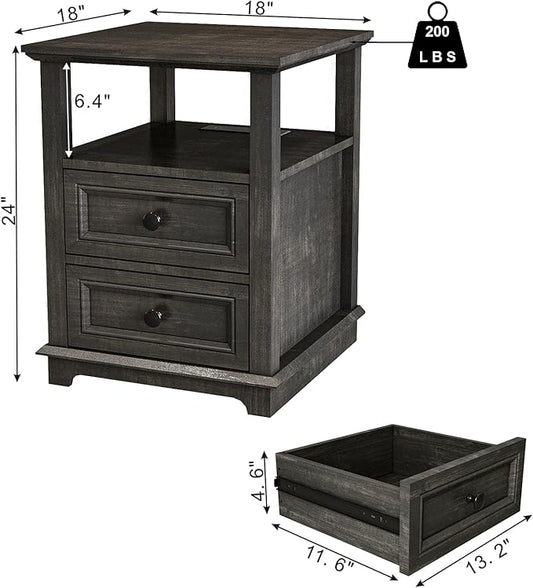 End Table with Fast Charging Station Set of 2, 18" Wide Sofa Side Table with Drawers, Large Storage Rustic Wood Square Storage Cabinet for Living Room