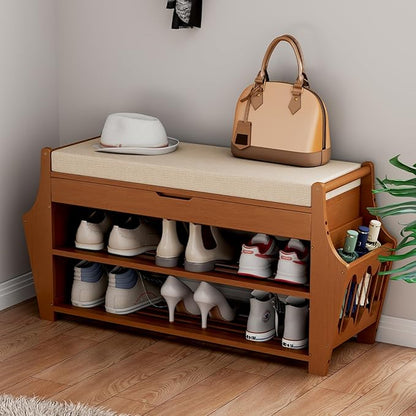 34.3in Shoe Bench, Bamboo 3-Tier Entryway Bench with Storage, Shoe Rack Organizer Holds Up to 330 lb, 34.3 x 11.8 x 18.9 Inches for Entryway Bedroom Closet Living Room Hallway