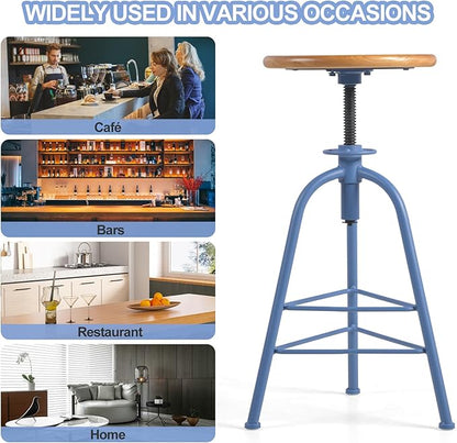 Industrial Bar Stools-Set of 2 24.4-28.3inch Counter Height Kitchen Stool-Modern Dinner Breakfast Chairs-Swivel Round Wooden Seat