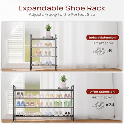 Bumusty 4-Tier Long Expandable Shoe Rack for Closet, 18"-44" Adjustable Shoe Rack for Small Space, Small Shoe Organizer for Front Door, Sturdy Metal, Grey