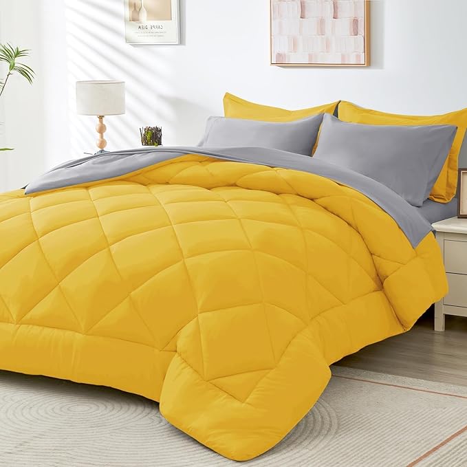 HEVUMYI Twin-XL Comforter Set - 5-Piece All Season Bed in a Bag Twin-XL, Ultra Soft Bedding Set with Comforter, Flat Sheet, Fitted Sheet, Pillowcases, Pillow Shams, Yellow & Light Grey