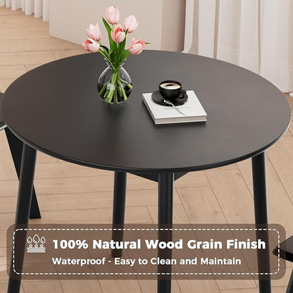 DELAVIN 31.5" Solid Wood Round Dining Table for 4, Mid Century Small Kitchen Table for 2-4, Modern Office Table for Living Room, Dining Room, Dinette, Easy Assembly, Space Saving, Black