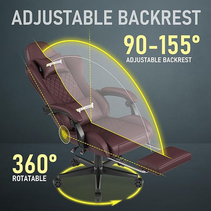 Gaming Chair Office Chair with Footrest, Height Adjustable, Ergonomic Computer Chairs with Pocket Spring Cushion, PU Leather,Video Game Chair 360° Swive,(PU-Brown)