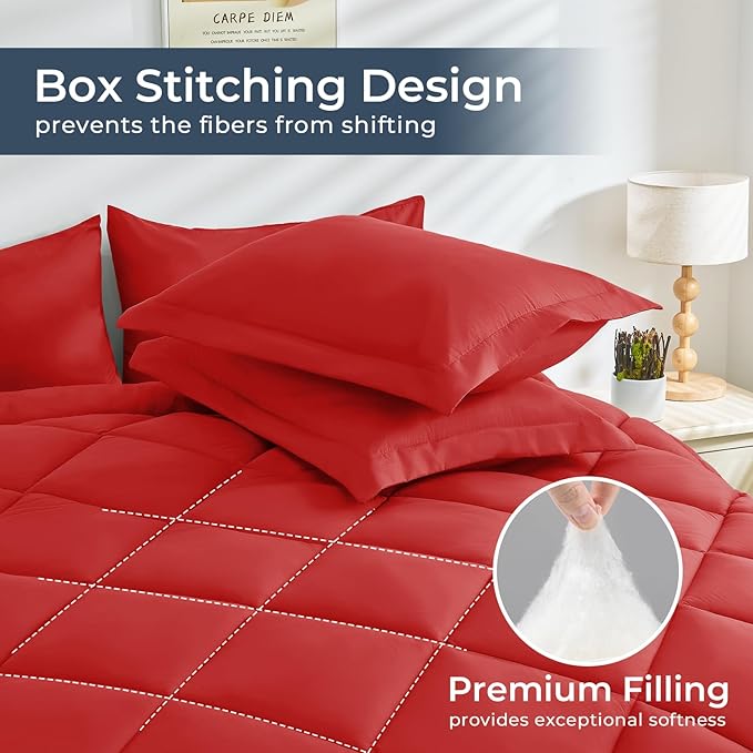 HEVUMYI Red King Comforter Set - 7-Piece All Season Bed in a Bag King, Ultra Soft Bedding Set with Comforter, Flat Sheet, Fitted Sheet, Pillowcases, Pillow Shams