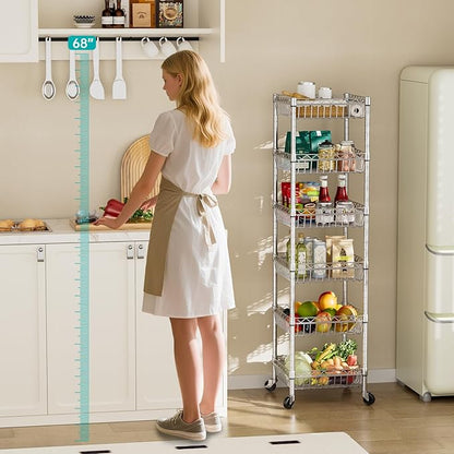 SINGAYE 6 Tier Shelf Adjustable Storage Shelves Rack Standing Units with Wheels Closet Wire Shelving Organizers Metal Pantry Kitchen Laundry Room 13.5" D x 13.5" W x 63" H Silver