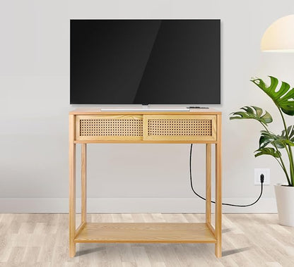 Console Table with Charging Station, Small Vanity Desk, 32" Console Tables for Entryway Table Rattan Dresser Entry Table Narrow Console Table Modern Hallway Table Boho Sofa Table for Living Room