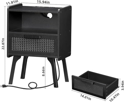 Lerliuo Rattan Nightstand with Charging Station, Side Table with Drawer Open Shelf, Cane Bedside End Table with Solid Wood Legs, Mid Century Night Stand for Bedroom, Dorm and Small Spaces (Black)