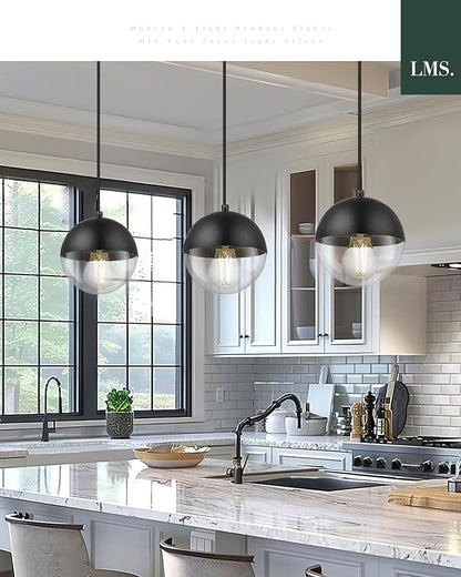 LMS 6-inch Modern Pendant Light, Matte Black Kitchen Pendant Light with Clear Globe Glass, Adjustable Hanging Farmhouse Pendant Light Fixtures for Dining Room Living Room Kitchen Island, LMS-186BKCS