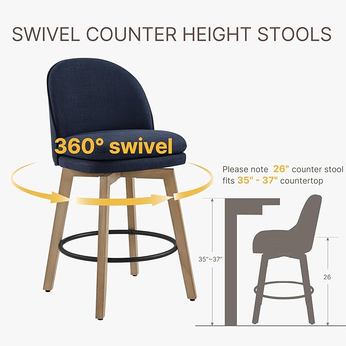 Counter Height Barstools 26 inch Upholstered Swivel Bar Stools with Back and Wood Legs for Kitchen Island,Set of 3,Blue Fabric-Armless