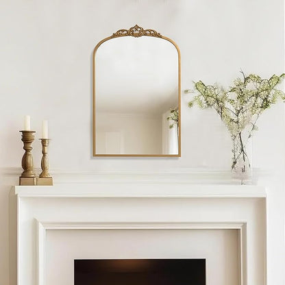 1 Set Vintage Mirror 20x30 Gold Antique Baroque Arched Ornate Traditional Brass Mirror and 8.5x12 Vintage Vanity Makeup Desk Table Mirror for Bathroom Entryway Living Room Hallway Fireplace