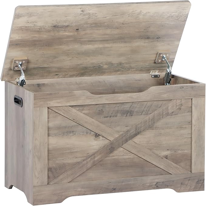 Storage Chest, Wooden Storage Bench, Entryway Shoes Bench with 2 Safety Hinges, Retro Storage Trunk for Living Room,Bedroom, 15.7 x 31.5 x 18.9 Inches, Grey