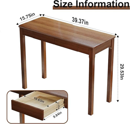Solid Wood Desk with Drawers - 39 x 16 Inch Vintage Narrow Desks, Mid Century Modern Desks, Rubber Wood Study Table, Small Writing Desk for Bedroom|Small Spaces - Walnut Color