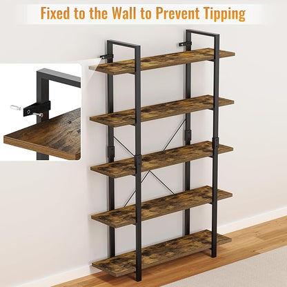 FRAPOW 5 Tier Bookshelf, 70 inch Tall Solid Bookcase Industrial Wooden Bookshelves Large Wall Etagere Rustic Vintage Book Shelf with Metal Frame Open Storage Rack for Living Room Home Office