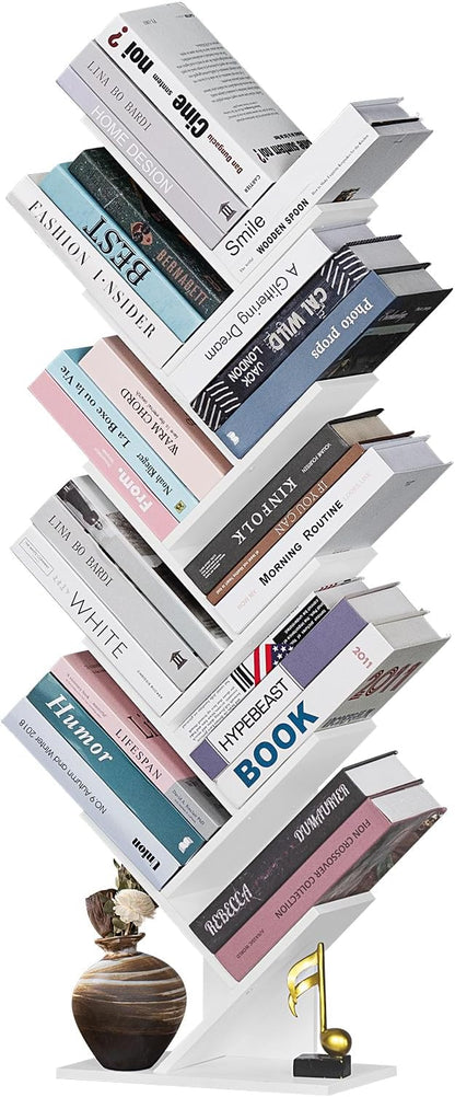 10 Tier Tree Book Shelf, Floor Standing Wood Bookshelf for Narrow Space, Storage Organizer Bookshelves for Books/CDs/Magazine, Bookcase with Shelves for Home Office, Living Room - White