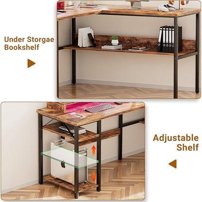 Unikito L Shaped Computer Desk with Magic Power Outlets and Smart LED Light, Sturdy Reversible Corner Desk with Monitor Stand & Storage Shelves, Home Office Work Desk, Easy to Assemble, Rustic