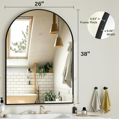 Arch Bathroom Mirror, 26x38 inch Arched Bathroom Mirror/Wall Mounted Vanity Mirror - Arch Metal Frame Wall Mirror for Bathroom Bedroom Living Room, Black