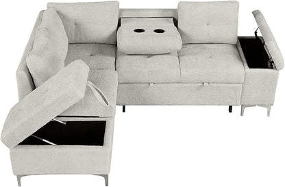 Ball & Cast 88.2" L-Shaped Sectional Pull Out Sofa with Ample Storage Space,Versatile Convertible Couch w/Two Cup Holders and Two USB Ports,Movable Storage Ottoman,for Living Room,Apartment,Beige