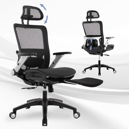 COLAMY Executive Mesh Office Chair with Footrest, Ergonomic Chair High Back with Adjustable Lumbar Support, Computer Desk Chair for Office/Work-Black