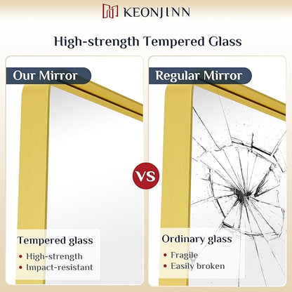 Keonjinn Gold Bathroom Mirror for Over Sink, 30" x 30" Brushed Brass Mirror, Large Rounded Rectangle Gold Vanity Mirror with Metal Frame, HD Tempered Glass Square Wall Mirror(Horizontal/Vertical)