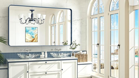 TokeShimi 60 x 36 Inch Blue Bathroom Vanity Mirror for Wall with Non-Rusting Aluminum Alloy Matte Metal Frame for Modern Farmhouse Home Decor (Horizontal/Vertical)