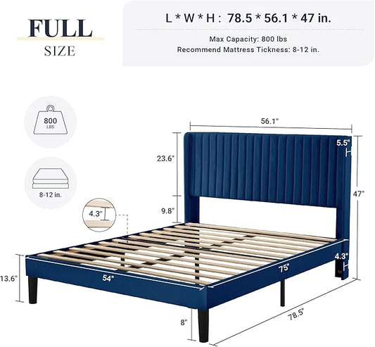 Allewie Full Size Velvet Bed Frame/Vertical Channel Tufted Wingback Headboard/Upholstered Platform Bed/Strong Wooden Slats/No Box Spring Needed/Easy Assembly/Blue