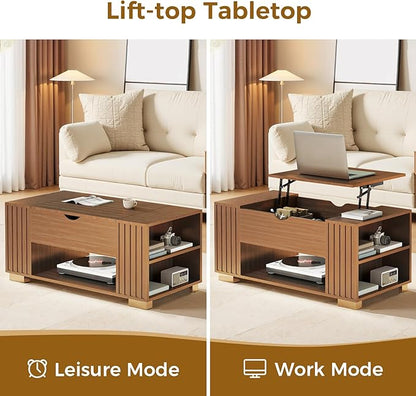 COMHOMA Lift Top Coffee Table for Living Room, 39" Center Table with Hidden Storage Compartment, Adjustable Wooden Tea Table for Small Spaces, Dark Walnut