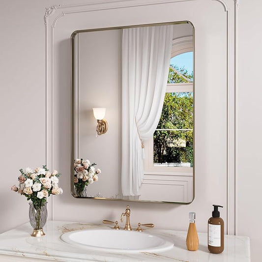 Bronze Bathroom Mirror 22x30 Inch, Brushed Bronze Metal Frame Mirror for Wall, Rounded Rectangle Bathroom Vanity Mirror with Tempered Glass, Anti-Rust, Horizontal/Vertical