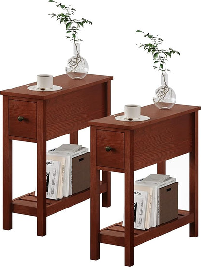 ChooChoo Narrow End Table, Small Side Table for Small Spaces, Slim End Table with Drawer, Narrow Nightstand Bedside Table for Living Room Bedroom, Cherry Brown, 2 Pack