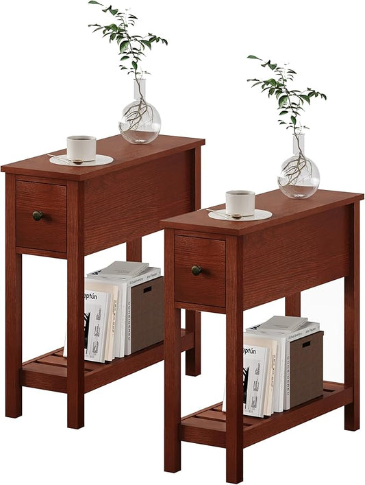 ChooChoo Narrow End Table, Small Side Table for Small Spaces, Slim End Table with Drawer, Narrow Nightstand Bedside Table for Living Room Bedroom, Cherry Brown, 2 Pack