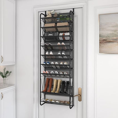 JSB 10 Tier Shoe rack Mesh fabric Over The Door Shoe Organizer X-structure Trouser hangers Closet Pantry Hanging Shoe Clothes Toys Storage Shelves (Black, 10 Tier)