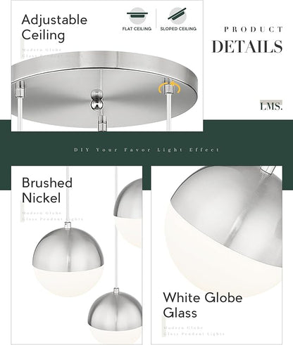 LMS Modern Brushed Nickel 3-Light Cluster Pendant Lights, Mid Century Pendant Lighting with White Globe Glass Shade, Adjustable Hanging Cord Ceiling Light for Home Office Dining Room, LMS-186BN3