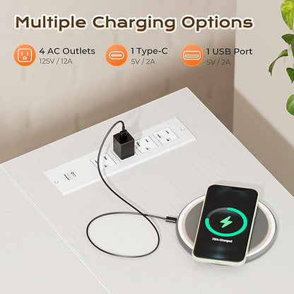 Huuger 63 Inch L Shaped Desk with Power Outlets and USB-C Port, Reversible Computer, Larger Office Corner Gaming Desk, 0.95 Inch Thicker Desktop, Metal Frame, for Home Office, Study, White