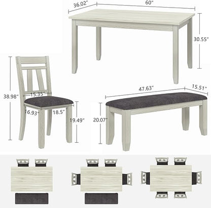 6-Piece Solid Wood Dining Table Set for 6, Modern Breakfast Dinette Kitchen Table with Bench & Chairs for Dining Room, Kitchen, Grey