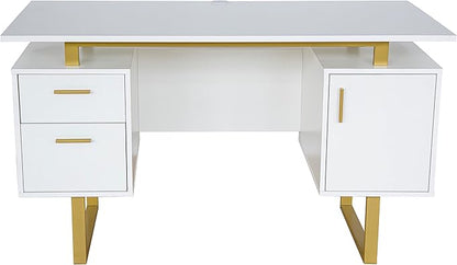Techni Mobili Storage Drawers and Cabinet 51.25” W-Modern Office Large Floating Desktop Surface Desk, 23.6" D x 51.2" W x 29.8" H, White/Gold