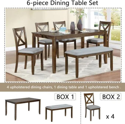 6-Piece Dining Table Set for 4-6 People, Kitchen Set with 4 Upholstered Chairs and One Bench, Living Room Chairs with X-Shape Backrest, Rectangular Wooden Table for Home Bar, Walnut