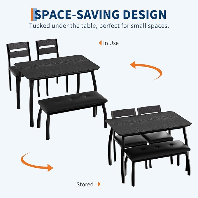 4 Piece Farmhouse Dining Table Set for 4, Space Saving Rustic Kitchen Table with 2 Padded Chairs & Bench, Small Breakfast Nook Furniture Set for Dining Rooms, Apartments, Black