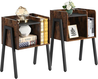 VECELO Nightstand Industrial End Table,Bedside Table with 2-Tier Open Storage Shelves,Wood Side Table with Metal Frame for Bedroom, Living Room,Small Spaces